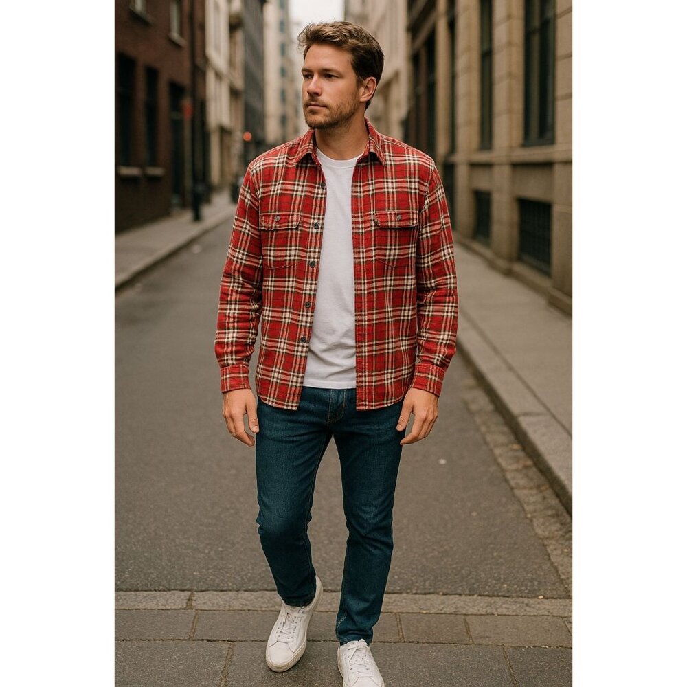Cabin Creek Red Plaid Shirt L Cotton Button Down Urban Casual Rugged Outdoors